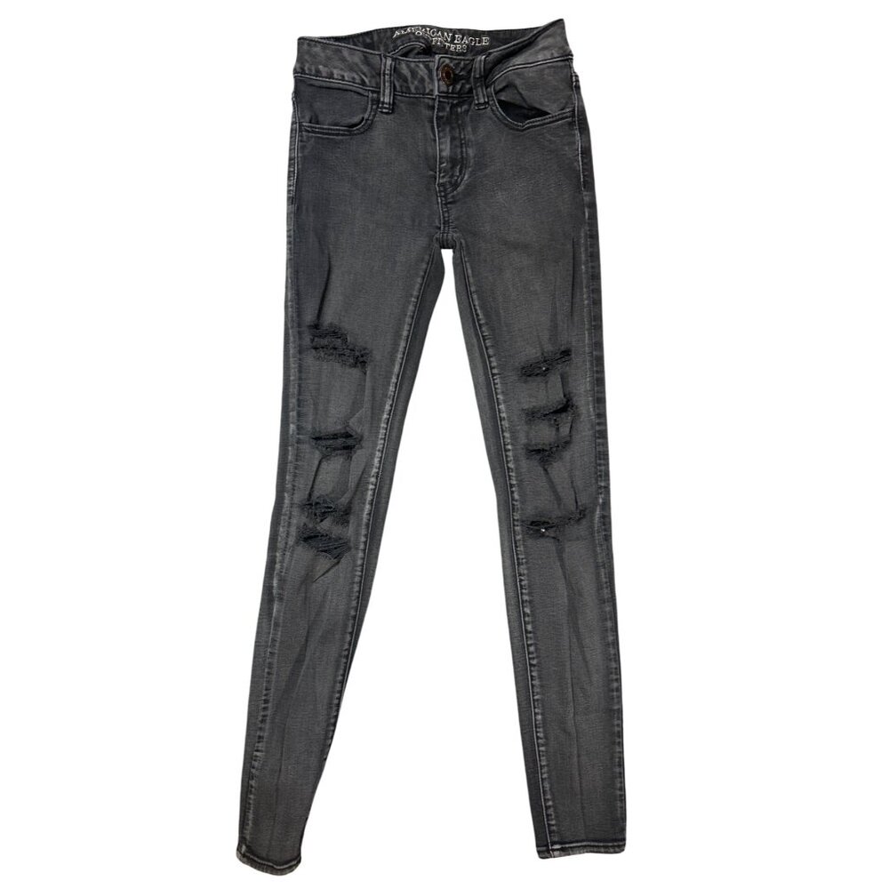 (6 for $25) AE Super Stretch Ripped Distressed Jegging in‎ Washed Black Size 00